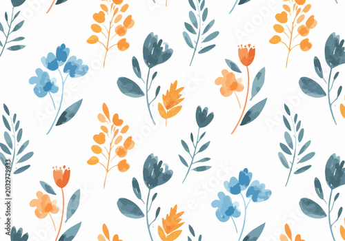 Seamless pattern of stylized flowers and leafy branch elements