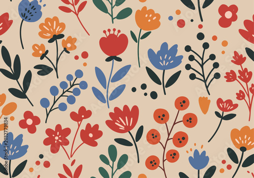 Seamless pattern of colorful flowers and delicate leafy elements