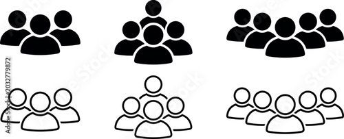People group icons set with solid and outline user avatars representing community business team workforce and crowd,