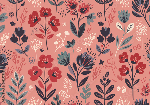 Soft pastel flowers and leaves in repeating seamless pattern format