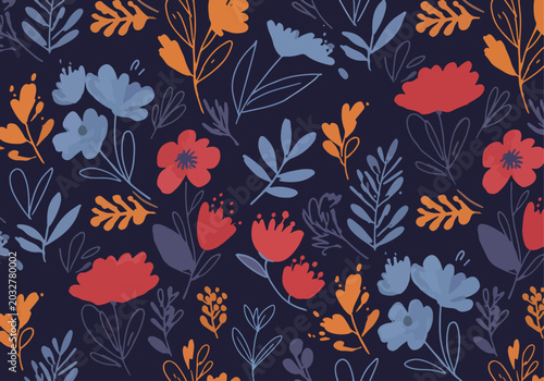 Whimsical botanical composition with scattered blooming details