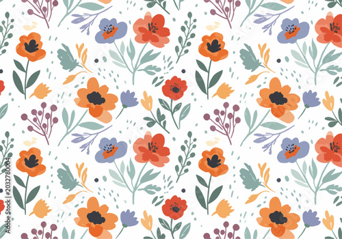 Whimsical floral surface design with lively natural details