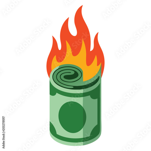 Banknotes on fire with burning money concept. Vector illustration suitable for economic disaster, financial problems, bankruptcy and money loss themed graphics.