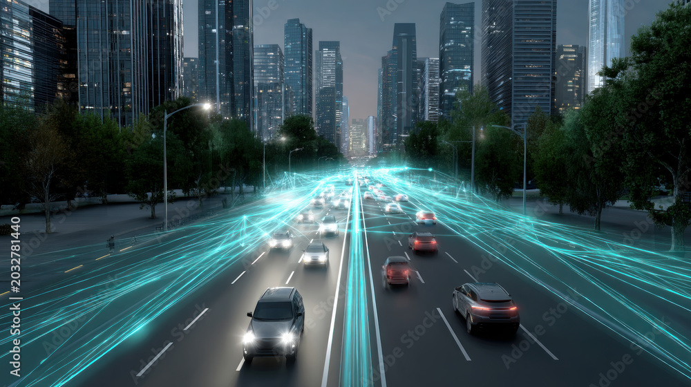 Fototapeta premium AI system monitoring traffic in real-time on smart roads. Automation of generation and training of artificial intelligence technology machines, AI.