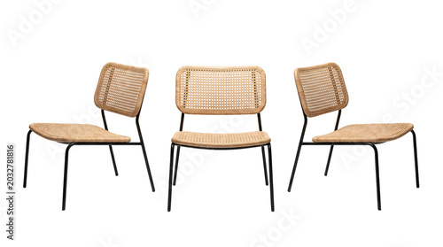 Tableau sur toile Modern wooden dining chair with woven cane backrest isolated 3D layout