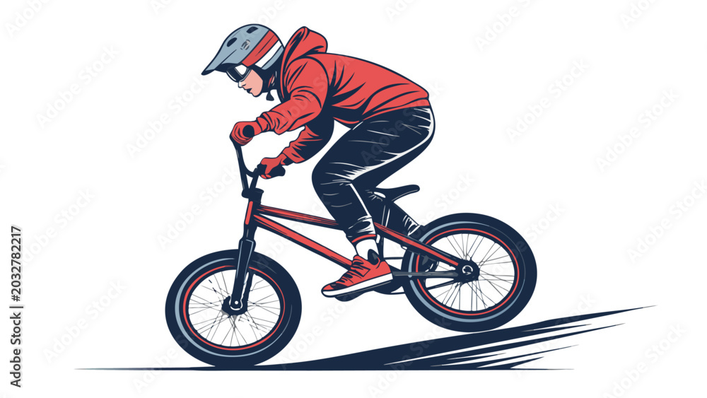 Naklejka premium Boy Riding Red Mountain Bike Fast.