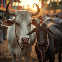 Majestic white zebu cow standing next to a small black goat in a vibrant marketplace setting during a warm sunset in this detailed close up photograph capturing rural animal life.