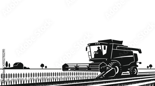 Foto A black and white graphic illustration of a combine harvester working in a field