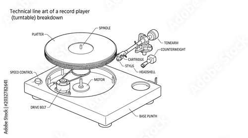 Valokuva Technical line art illustration showing the exploded view components of a vinyl record player turntable