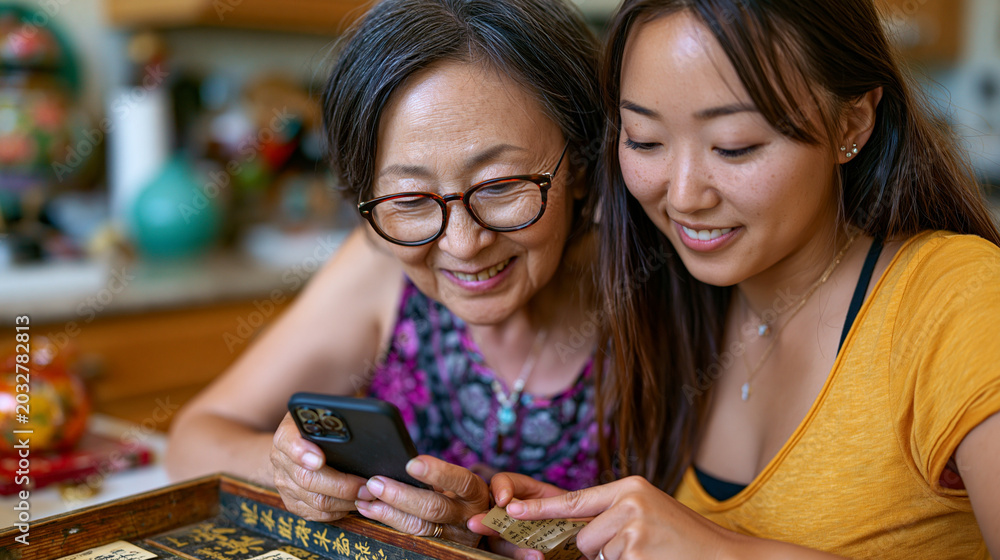 Fototapeta premium Taiwanese grandmother sorting a wooden box of handwritten family recipes at a dining table, her American-raised granddaughter photographing each card with a phone, digitizing culinary heritage befor