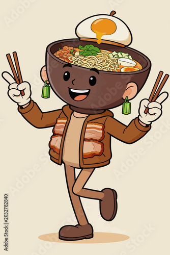 Cute Ramen Bowl Head Cartoon Mascot Character