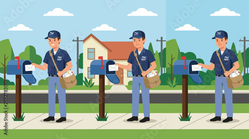 Konstfotografi Three mail carriers delivering letters into blue mailboxes on a sidewalk