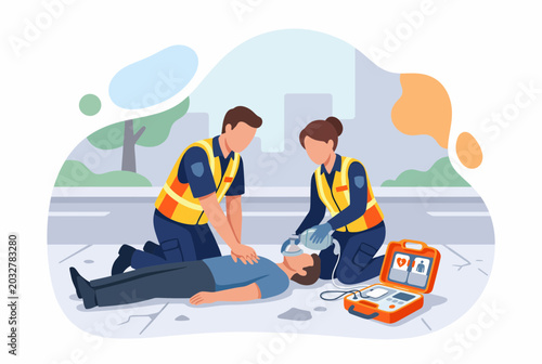 Paramedics Providing Emergency First Aid and CPR to Patient Outdoors