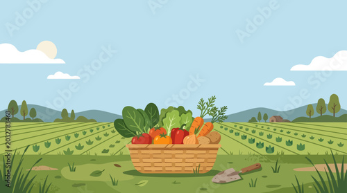 A woven basket overflowing with a variety of fresh colorful garden vegetables.