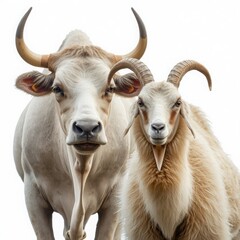 Majestic white cow standing beside a fluffy goat with curved horns in this professional studio portrait photo captures the friendly bond between two beautiful farm animals looking at the camera lens