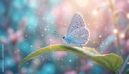 Dreamy macro photography of a delicate pastel blue butterfly resting on a curved green leaf, soft glowing bokeh background in cyan, pink, and lavender tone, magical sparkling light particles floating