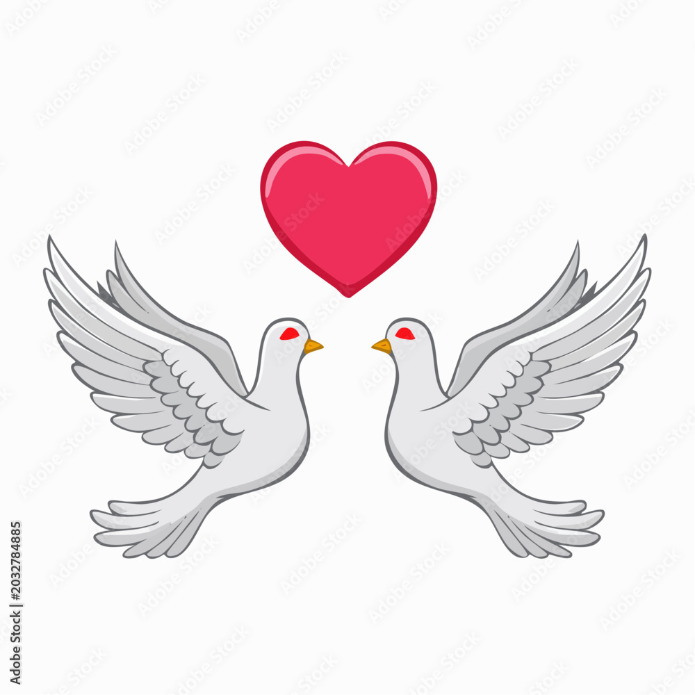 Obraz premium Two white doves flying towards each other with a red heart above