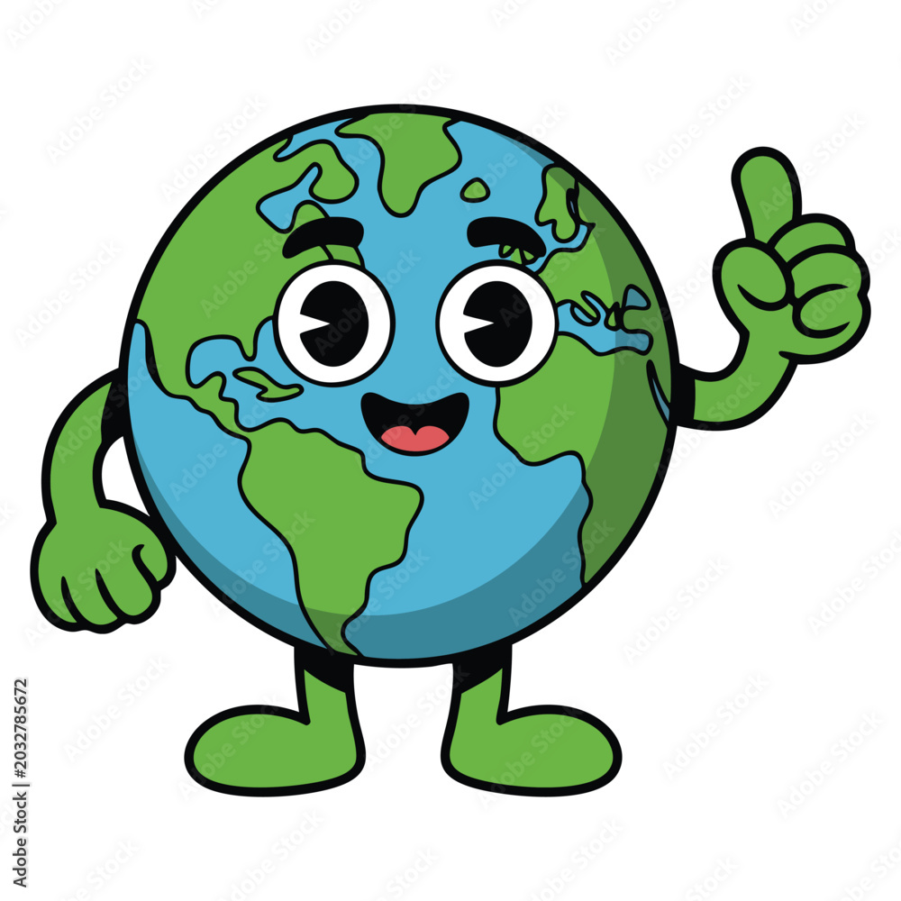 Fototapeta premium Cartoon Earth with happy smile and thumbs up. Vector illustration representing environmental protection, sustainability and caring for the planet concepts.