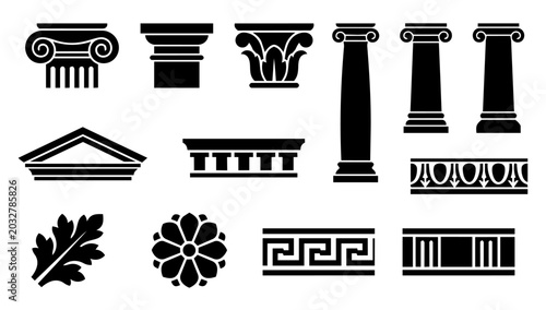 Schilderij op canvas Classical Architecture Ornament and Column Silhouette Icons Set
