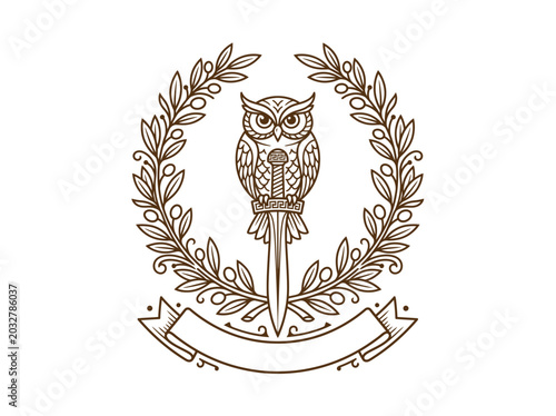 Vintage Style Emblem of an Owl Perched on a Sword with Laurel Wreath