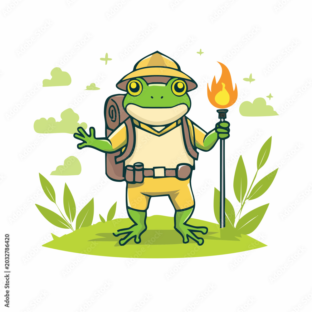 Obraz premium Cartoon Frog Explorer with Torch and Backpack