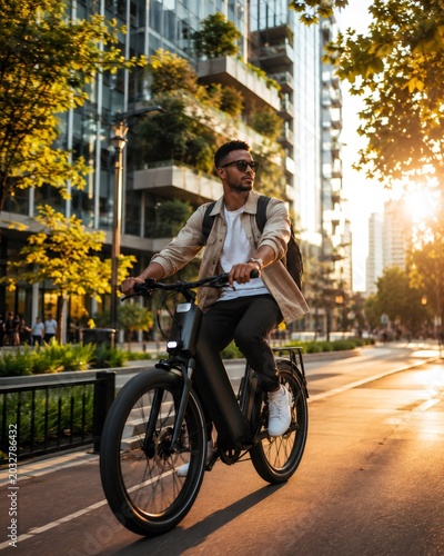 Young man riding electric bike on city street, commuting for sustainable urban transportation during sunset