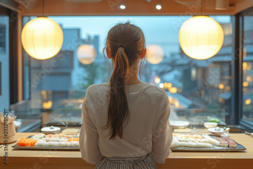 Woman eats su su and suda at table.