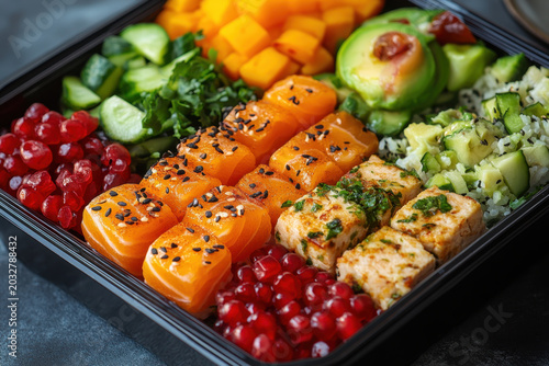 A black container filled with salmon, avocado, couscous, and vegetables.