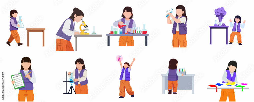 Fototapeta premium Set of flat vector illustrations of a little girl performing various science experiments, exploring chemistry, biology, and laboratory research for STEM education.