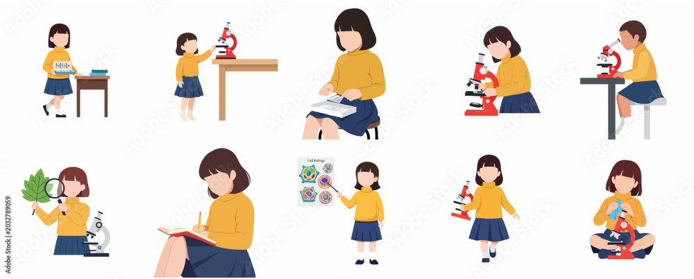 Fototapeta premium Set of vector illustrations featuring a young girl student exploring science, using a microscope, and learning biology.