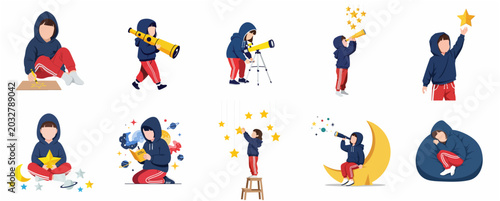 Photos Set of Flat Vector Illustrations of a Young Boy Exploring Space, Using a Telesco