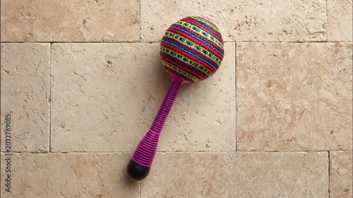 A colorful maraca rests on a beige stone floor.