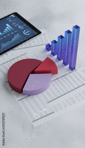 3D rendered business charts, including a pie chart and bar graph, displayed on a tablet and documents, representing financial data analysis and growth strategy