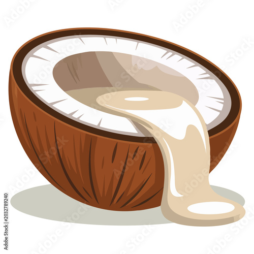 Coconut cracked open with milk pouring out, showing the process of extracting coconut milk. Ideal for tropical food and healthy drink themes.