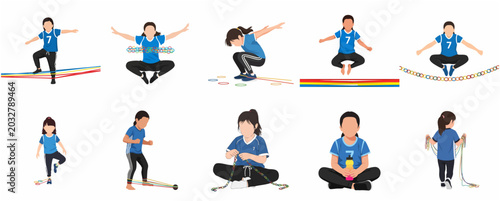 Fotografía Illustration set of a young girl playing traditional rubber band jump and plasti