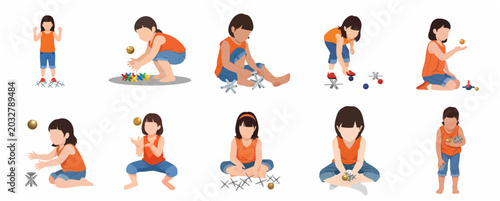 Foto Set of flat vector illustrations of a little girl playing traditional jacks game with metal pieces and a ball, isolated on white background
