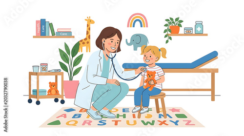 Pediatrician, doctor examining child, medical checkup, kids health, cartoon illustration