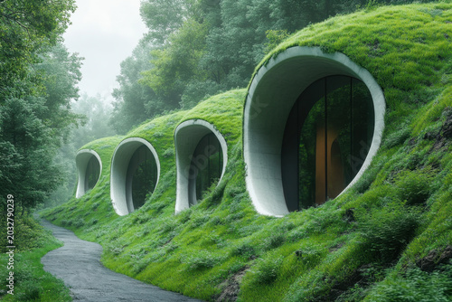 round houses on green hillside.