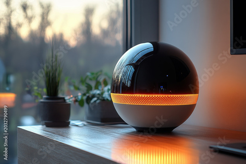 Black and white speaker on wooden table.
