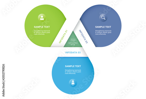 3 Step Venn diagram infographic template. Triangle loops with icons for business presentation.