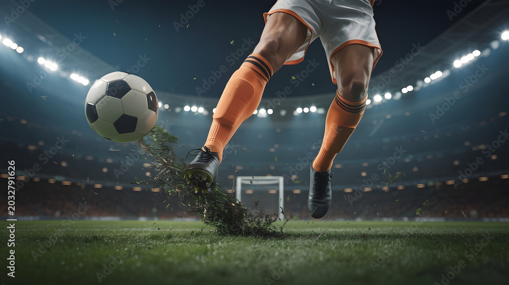 Naklejka premium Soccer Player Kicking Ball in Stadium Action Scene