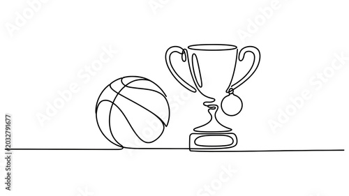 Basketball and Trophy Line Art Sports Award Illustratio