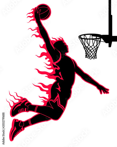 Basketball Player Dunking with Red Flame Silhouette Illustration