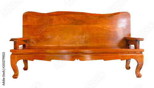 Canvastavla Long brown wooden bench with armrest isolated with clipping path in png file for