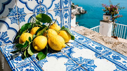 Mediterranean lemons with leaves on blue ceramic tiles by the sea