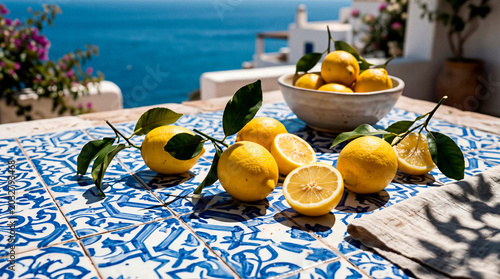 Mediterranean lemons with leaves on blue ceramic tiles by the sea