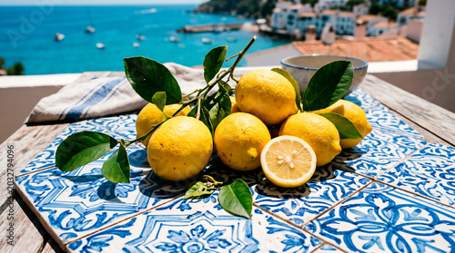 Mediterranean lemons with leaves on blue ceramic tiles by the sea