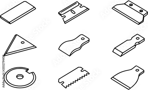 Hardware and DIY Tool Blades Icon Set - Black and White Isometric Line Art Vector Illustration of Scraper, Utility Knife, and Saw Blades