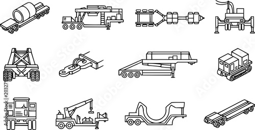 Tableau sur toile Heavy Transport  Construction Vehicles Line Art Icons Set: Specialized Trailers,