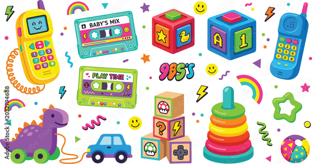 Naklejka premium Retro 90s Kids Toy Vector Set Featuring Neon Cassette Tapes Toy Phones Alphabet Blocks and Colorful Pull Along Dinosaur for Nostalgic Nursery Branding